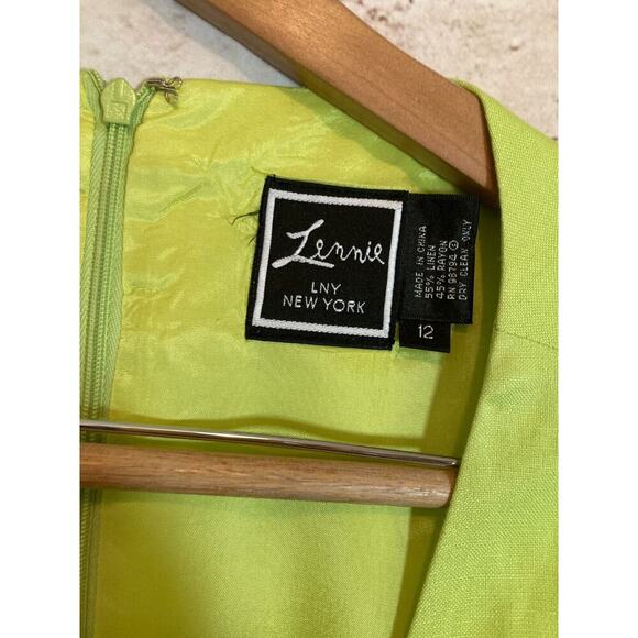 Lennie NY Dress Womens 12 Midi Linen Neon Green Black Colorblock Sheath Zip Up - Picture 12 of 12